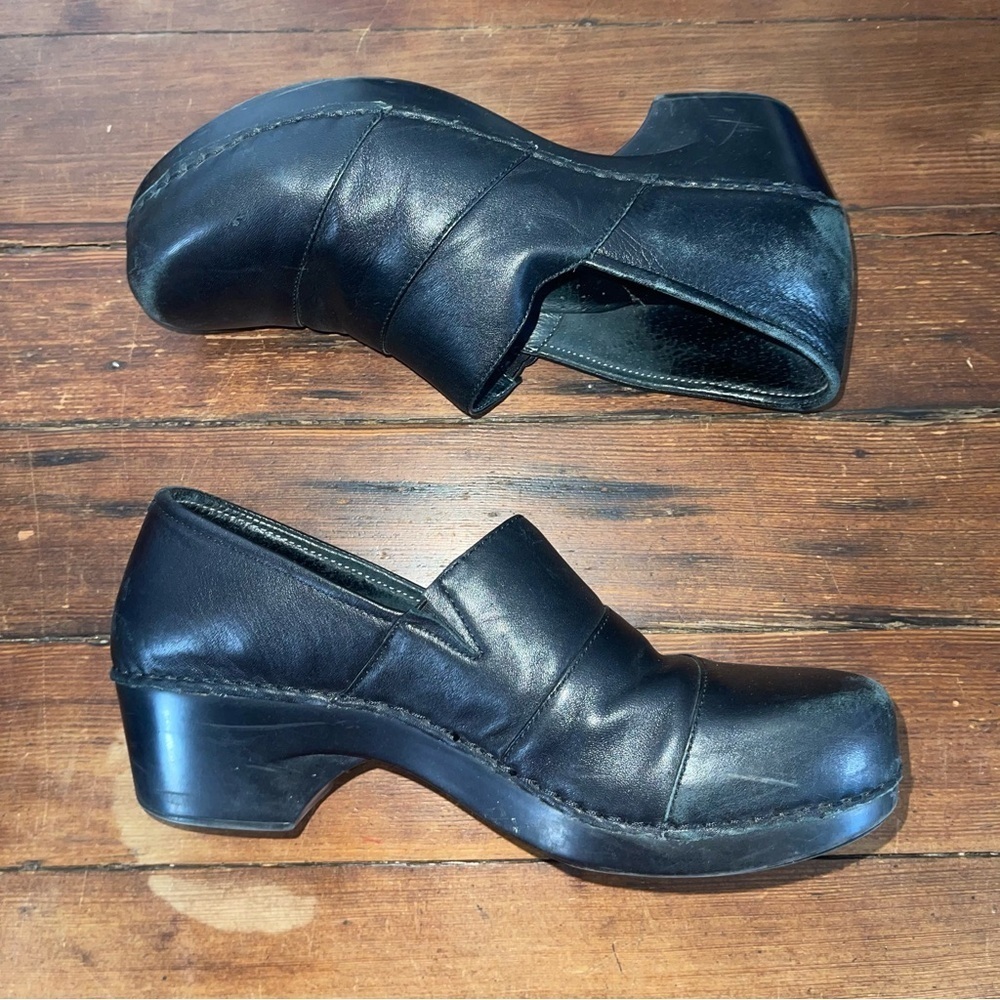 Dansko Black Leather Mules with Chunky Heel